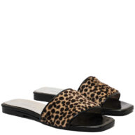Zuecos estampados en pelo sintético leopardo y charol negro para mujer