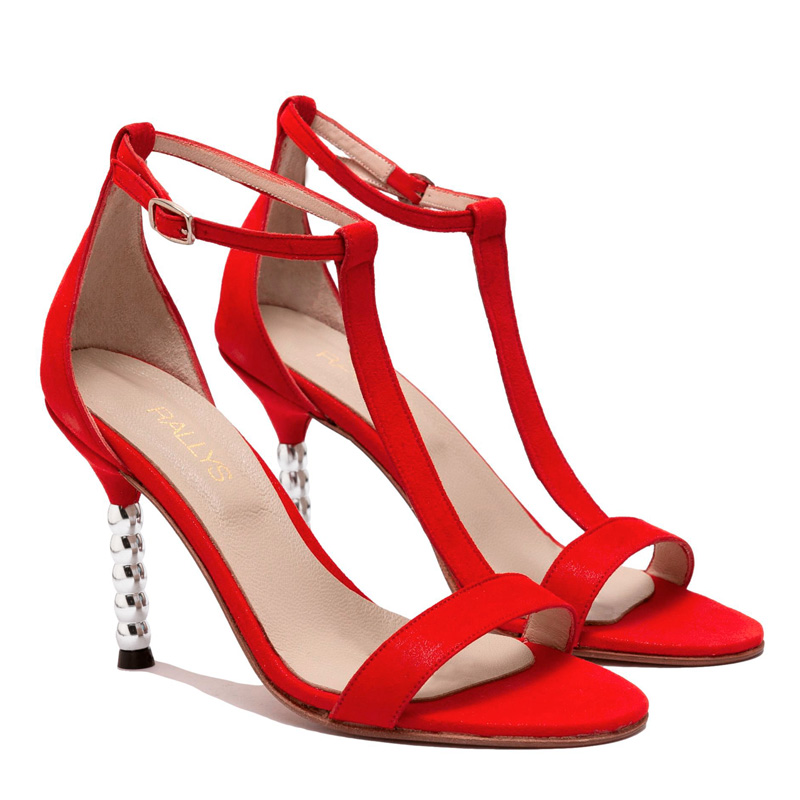 Sandalias de gamuza roja con taco metálico para mujer